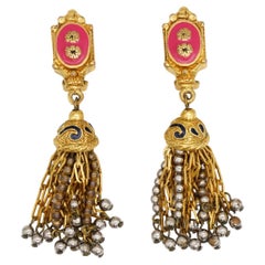 Christian Lacroix Vintage Fuchsia Pink Bell Tower Flower Beads Tassel Earrings