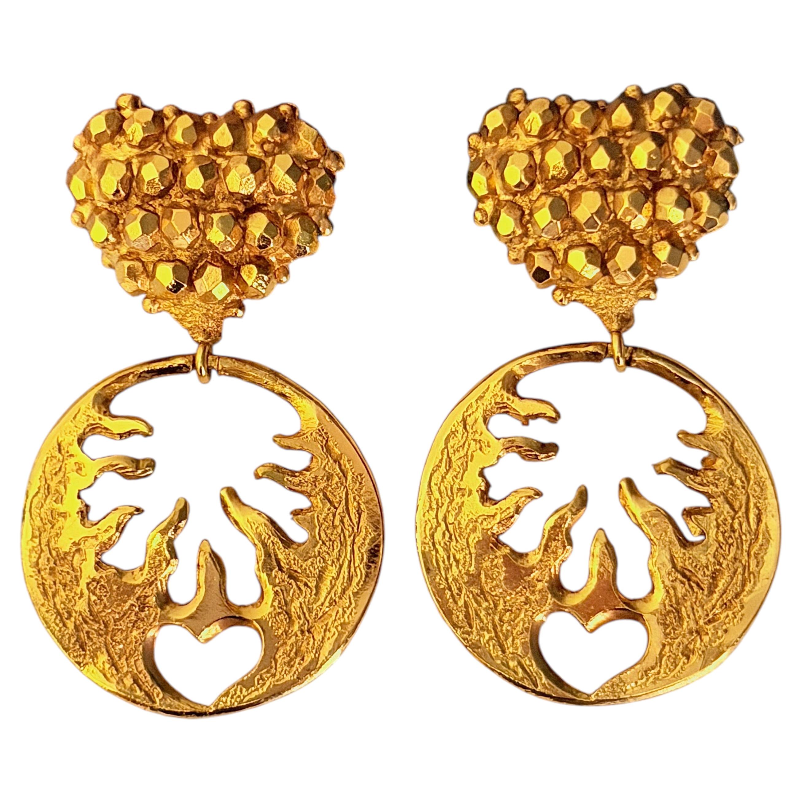 Christian Lacroix Vintage Gold Circle Openwork Fire Heart Chunky Drop Earrings