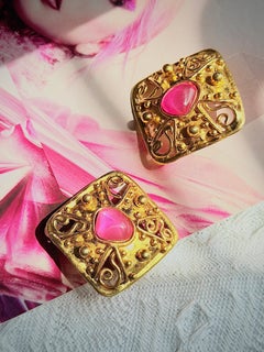 Christian Lacroix Vintage Gold Fuchsia Crystal Square Openwork Domed Earrings