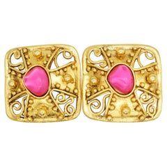 Christian Lacroix Vintage Gold Fuchsia Crystal Square Openwork Domed Earrings