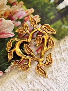 Christian Lacroix Vintage Gold Huge Massive Vivid Leaf Heart Love Chunky Brooch