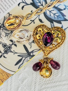 Christian Lacroix Vintage Gold Large Amethyst Heart Bell Drop Openwork Brooch