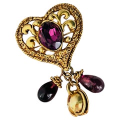Christian Lacroix Vintage Gold Large Amethyst Heart Bell Drop Openwork Brooch