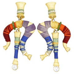 Christian Lacroix Vintage Gold Masai Crystals Red Navy Green Drop Earrings