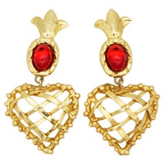 Christian Lacroix Vintage Gold Red Ruby Heart Pineapple Criss Cross Earrings