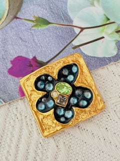Christian Lacroix Vintage Gold Square Blue Navy Green Flower Crystals Brooch