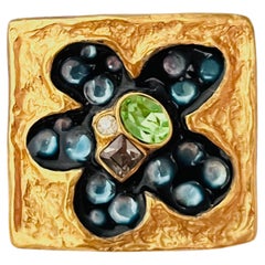 Christian Lacroix Vintage Gold Square Blue Navy Green Flower Crystals Brooch