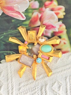 Christian Lacroix Vintage Gold Sunburst Turquoise Pearl Crystal Statement Brooch