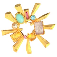 Christian Lacroix Vintage Gold Sunburst Turquoise Pearl Crystal Statement Brooch