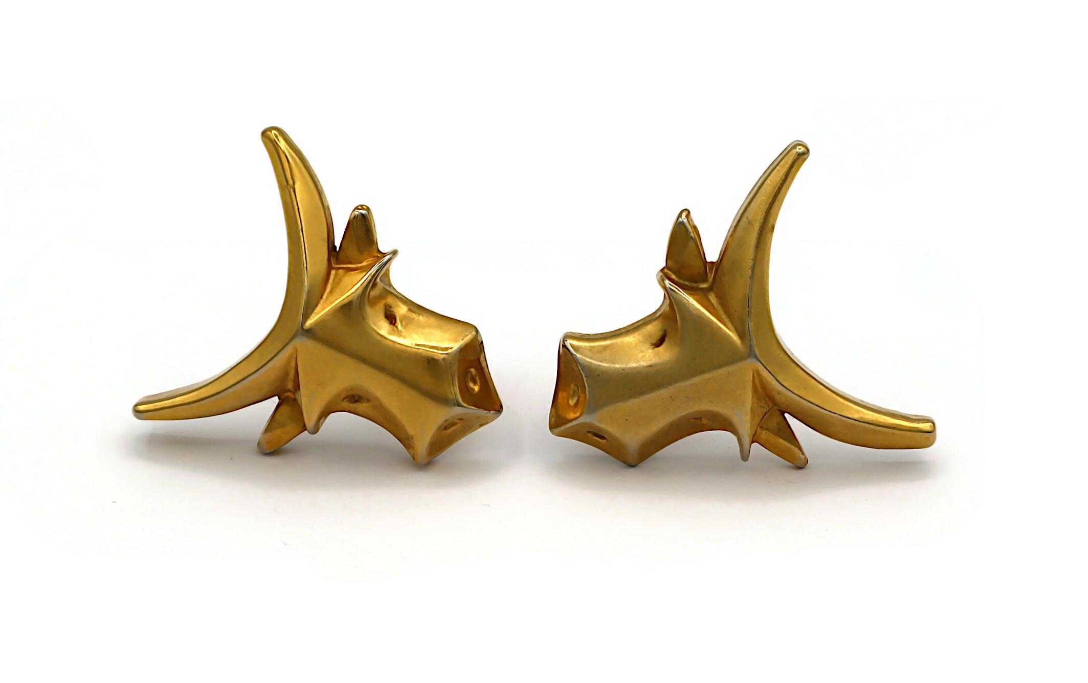 Women's CHRISTIAN LACROIX Vintage Gold Tone Bull Head Clip-On Earrings For Sale