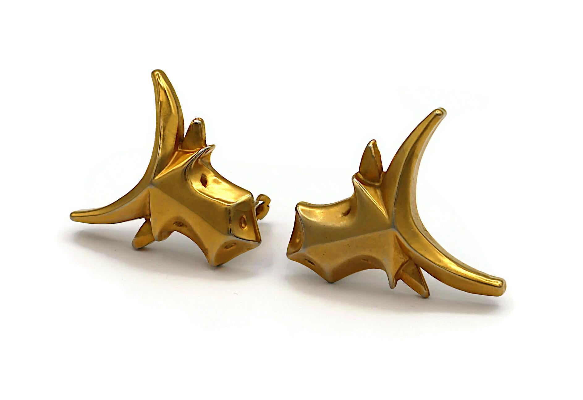 CHRISTIAN LACROIX Vintage Gold Tone Bull Head Clip-On Earrings For Sale 1