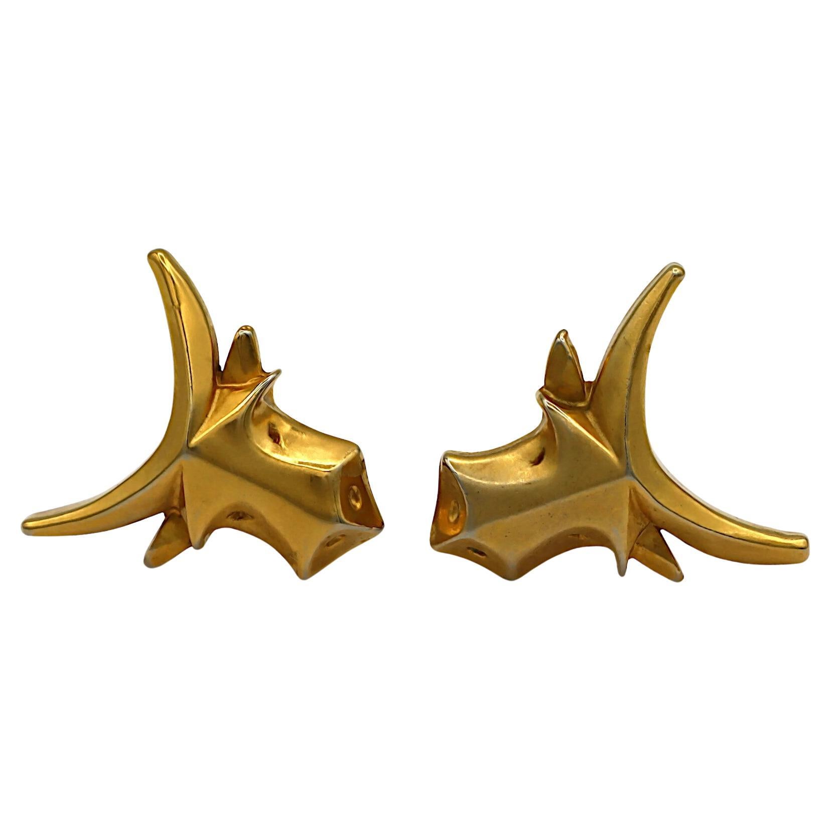 CHRISTIAN LACROIX Vintage Gold Tone Bull Head Clip-On Earrings For Sale