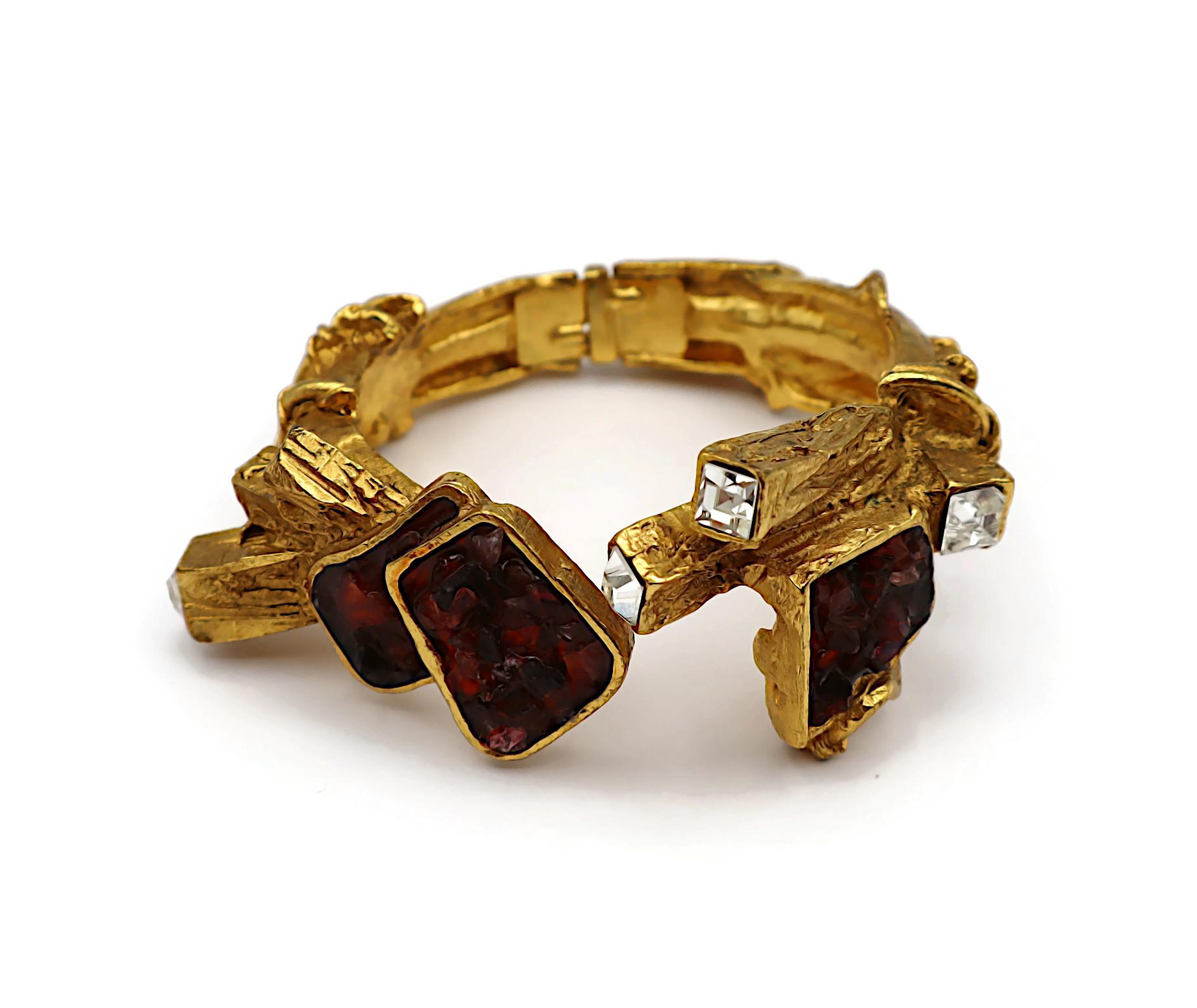 CHRISTIAN LACROIX Vintage Gold Tone Jewelled Clamper Bracelet In Good Condition For Sale In Nice, FR
