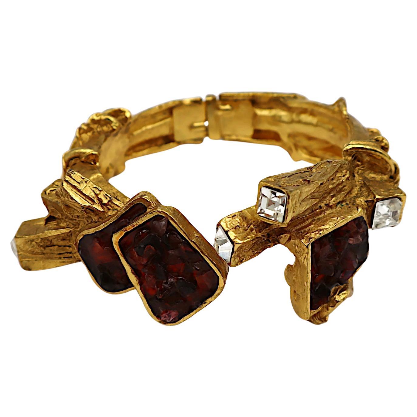CHRISTIAN LACROIX Vintage Gold Tone Jewelled Clamper Bracelet For Sale