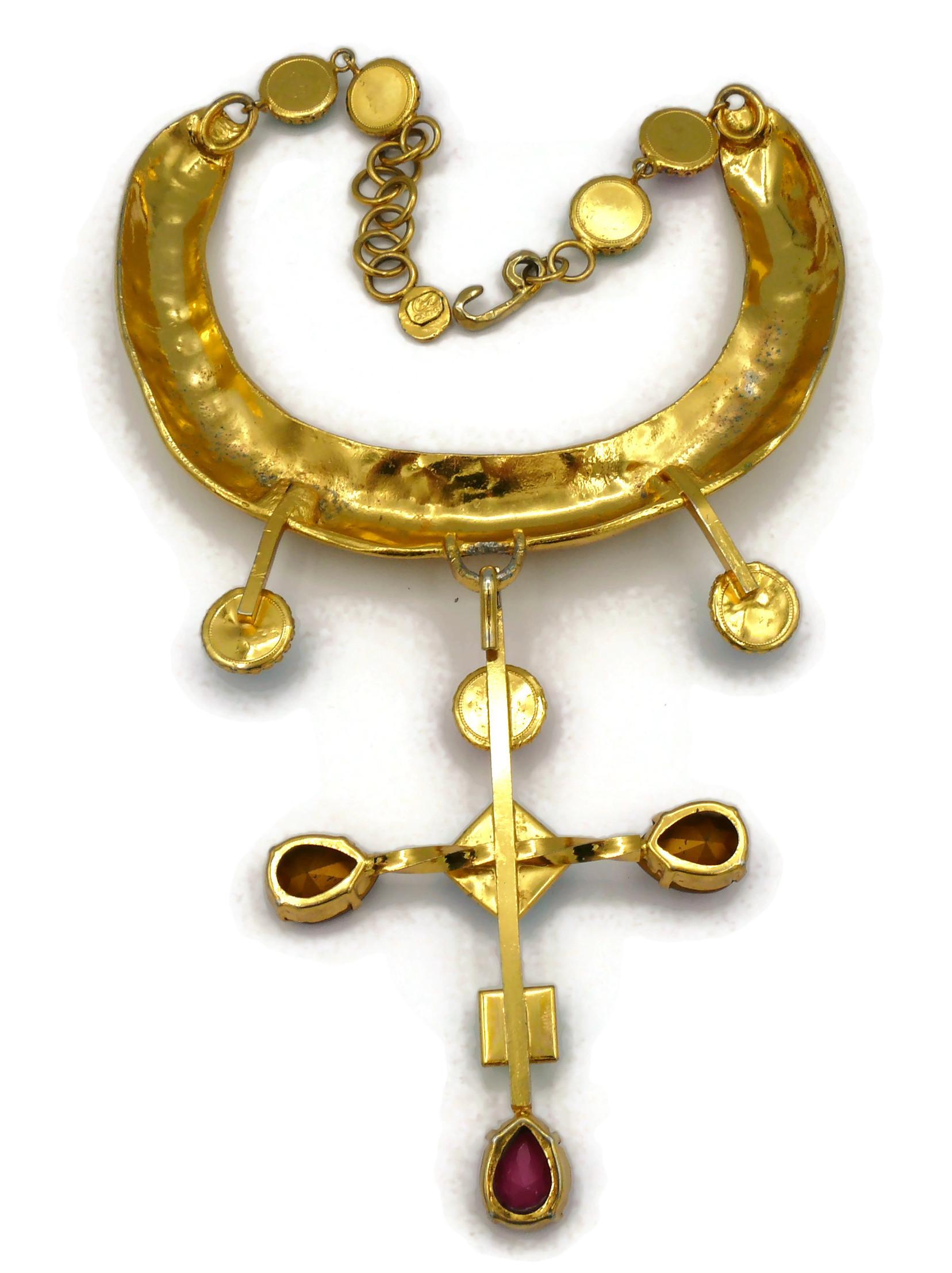 CHRISTIAN LACROIX Vintage Gold Tone Jewelled Torque Cross Pendant Necklace For Sale 8