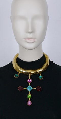 CHRISTIAN LACROIX Vintage Gold Tone Jewelled Torque Cross Pendant Necklace