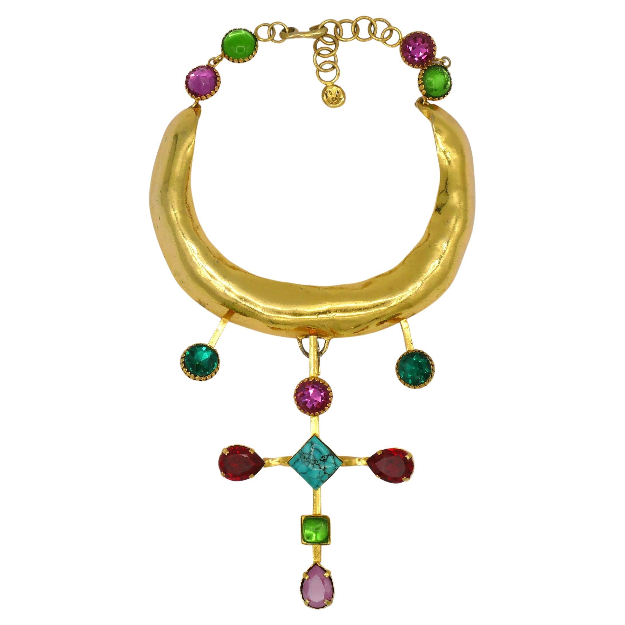 CHRISTIAN LACROIX Vintage Gold Tone Jewelled Torque Cross Pendant Necklace For Sale