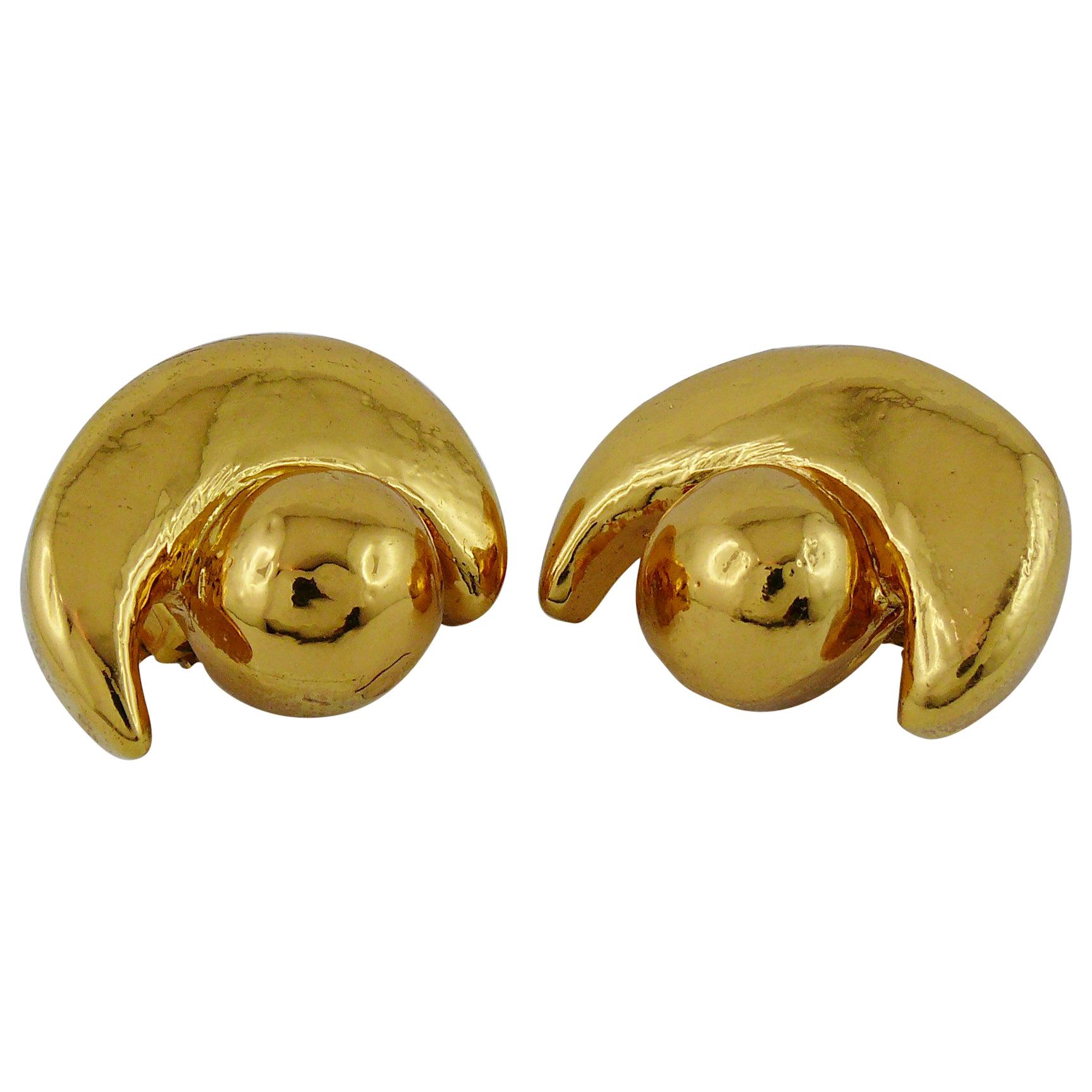 Christian Lacroix Vintage Gold Toned Abstract Crescent Clip-On Earrings