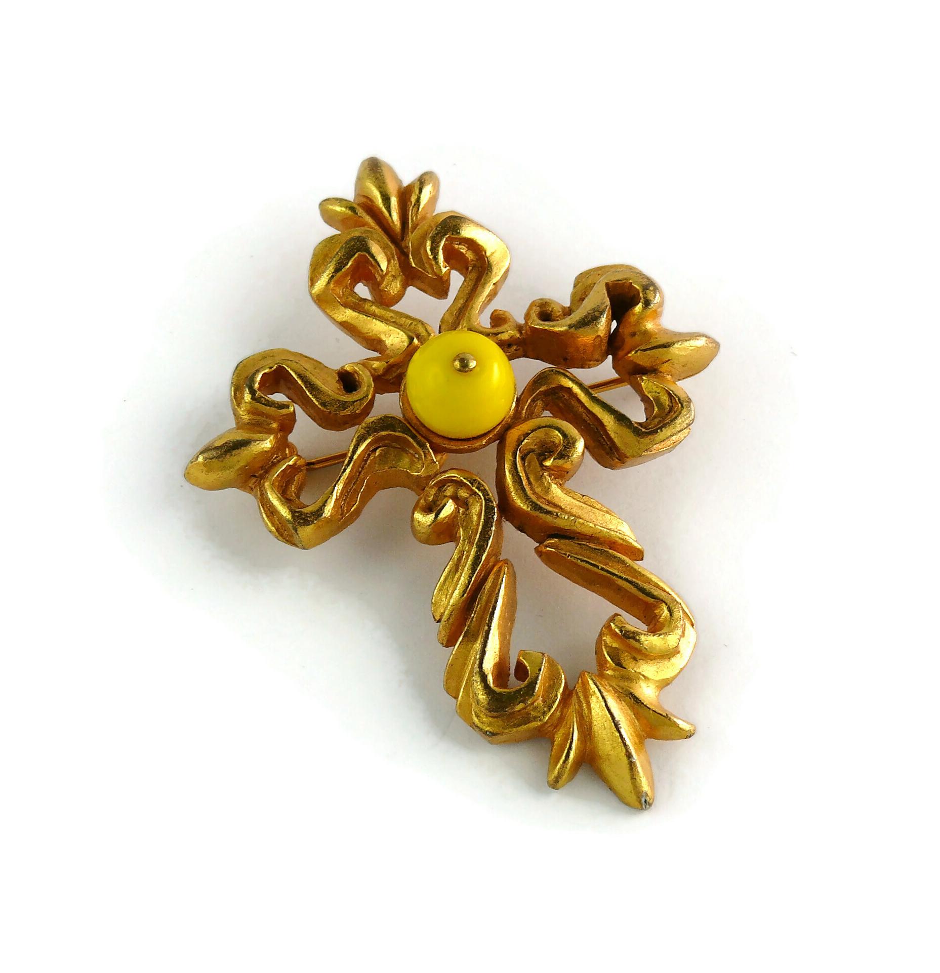 Women's Christian Lacroix Vintage Gold Toned Baroque Cross Brooch For Sale