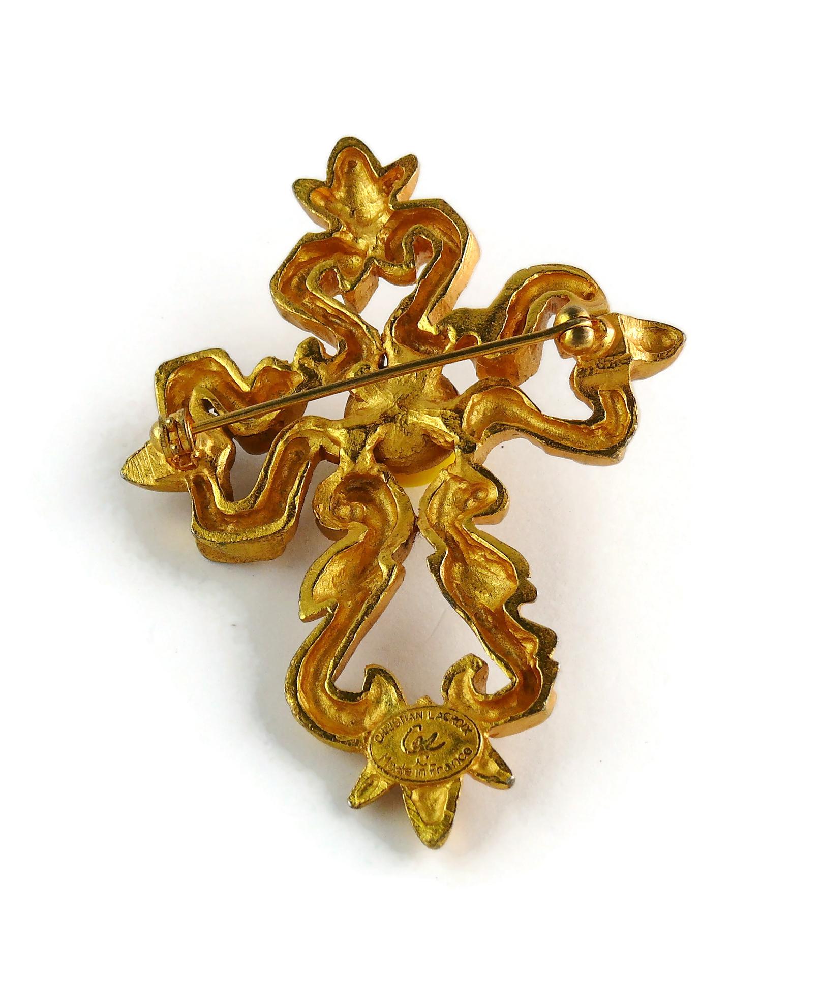 Christian Lacroix Vintage Gold Toned Baroque Cross Brooch For Sale 4