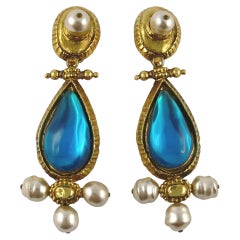 Christian Lacroix Vintage Gold Toned Blue Cabochon Pearl Dangling Earrings