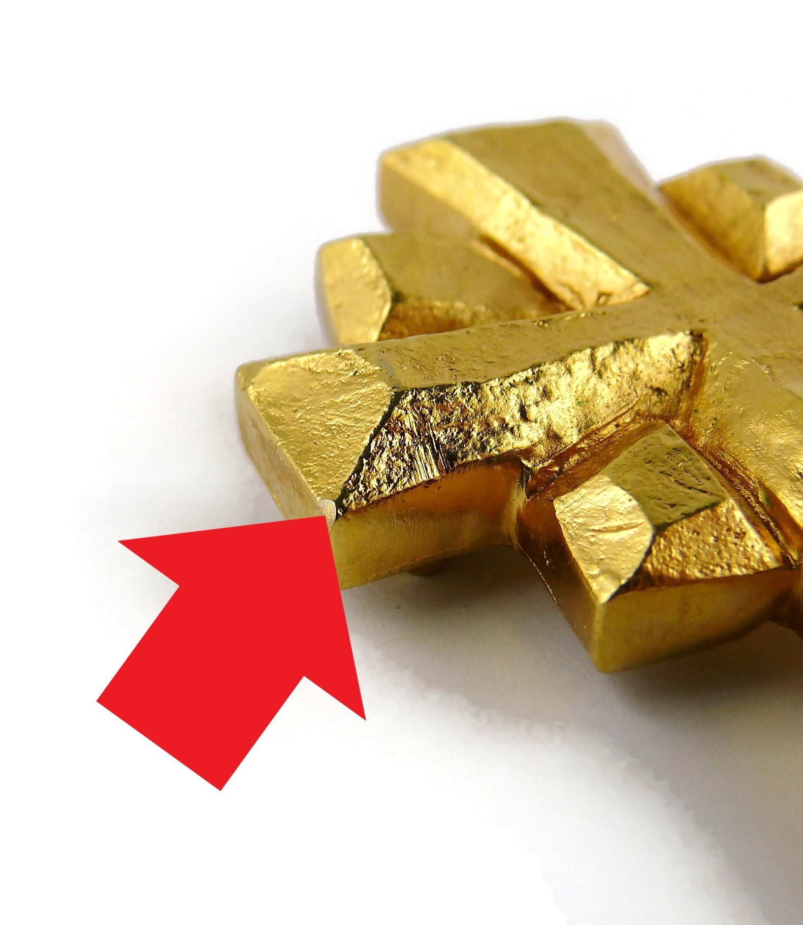Christian Lacroix Vintage Gold Toned Brutalist Cross Brooch Pendant For Sale 6