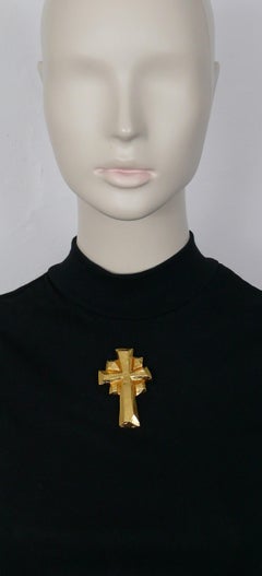 Christian Lacroix Vintage Gold Toned Brutalist Cross Brooch Pendant