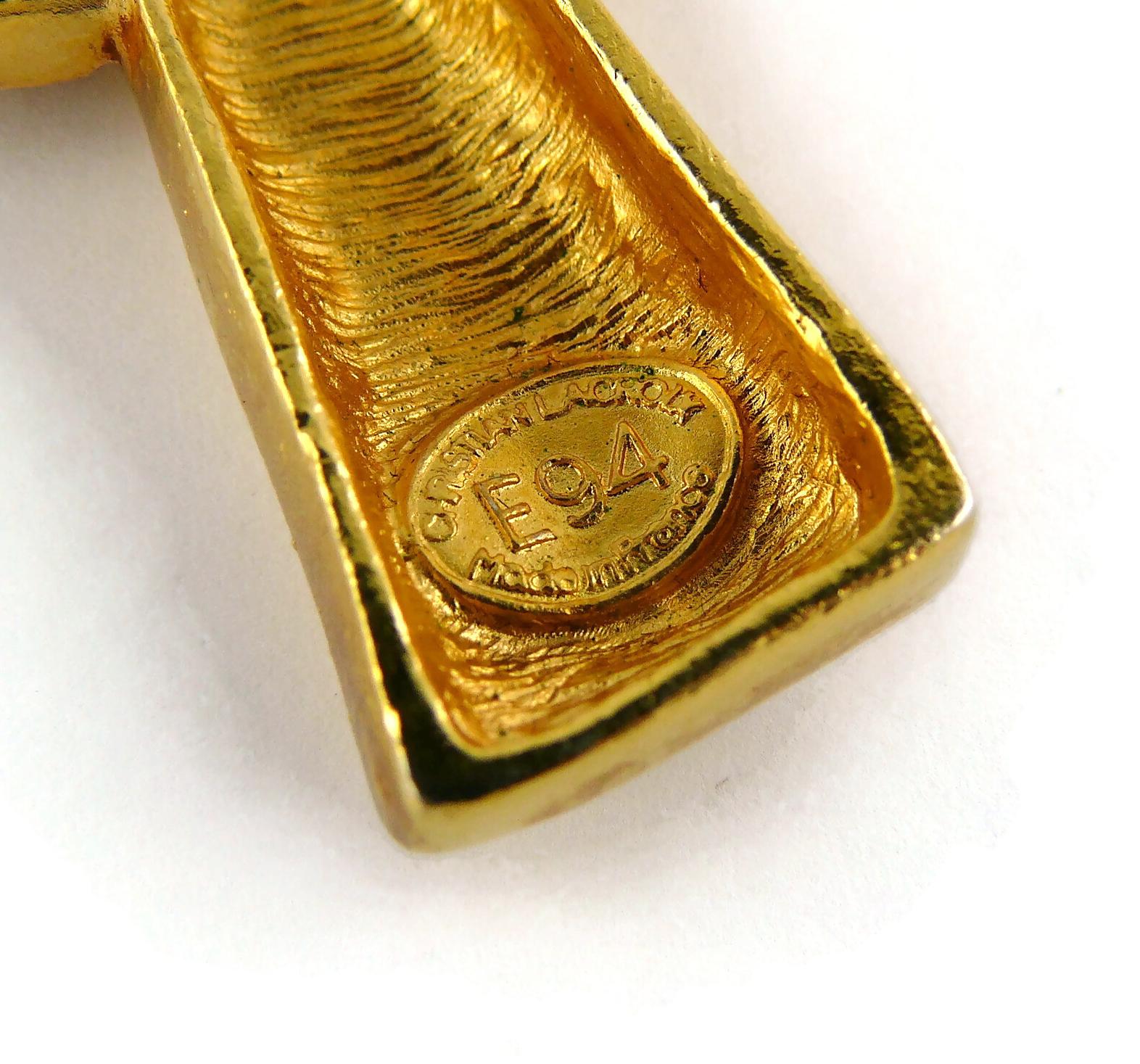 Christian Lacroix Vintage Gold Toned Brutalist Cross Brooch Pendant For Sale 4