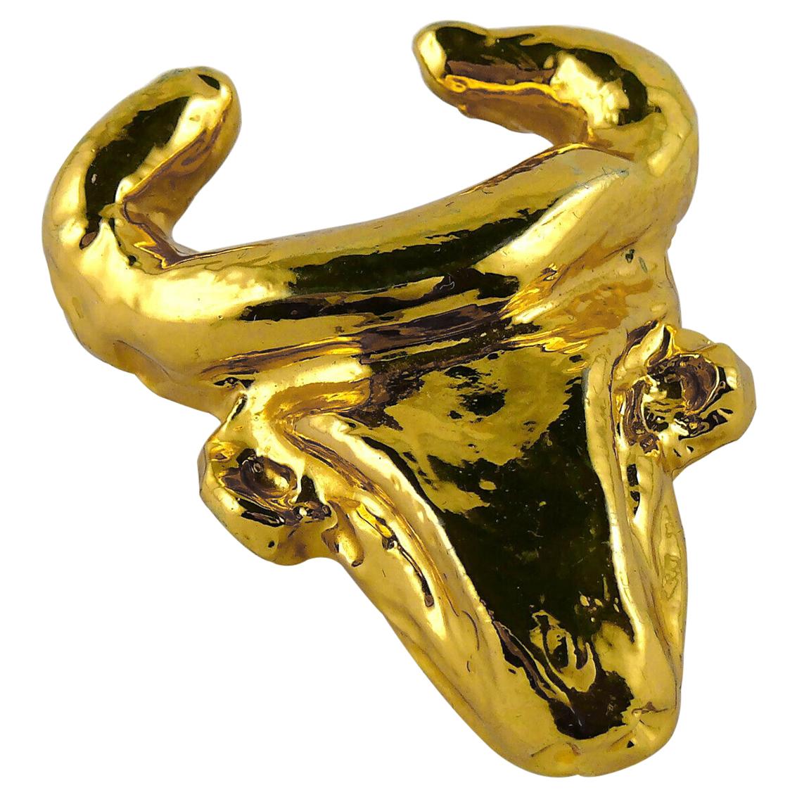 Christian Lacroix Vintage Gold Toned Bull Head Brooch For Sale