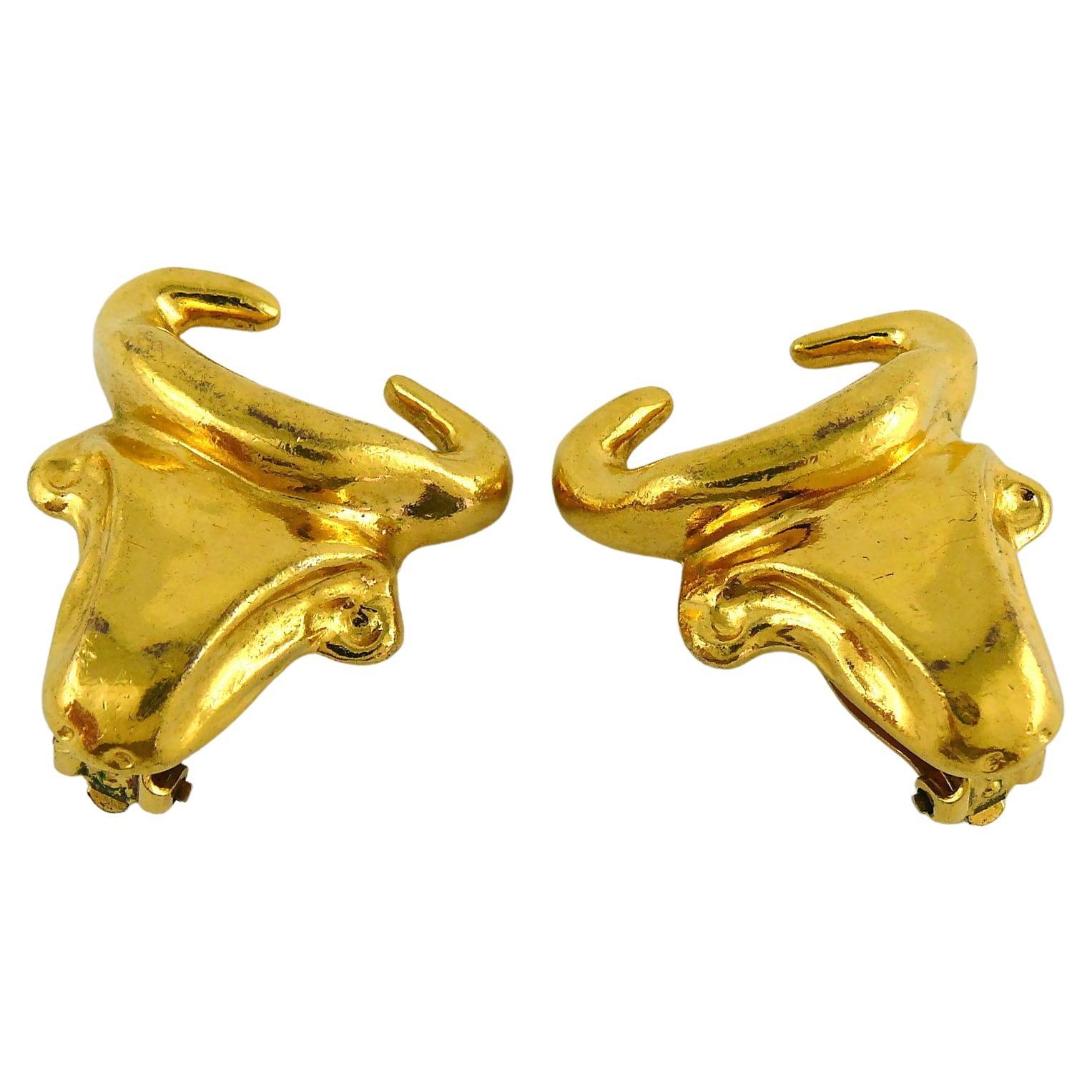 Christian Lacroix Vintage Gold-Tone Bull Head Clip-On Earrings For Sale