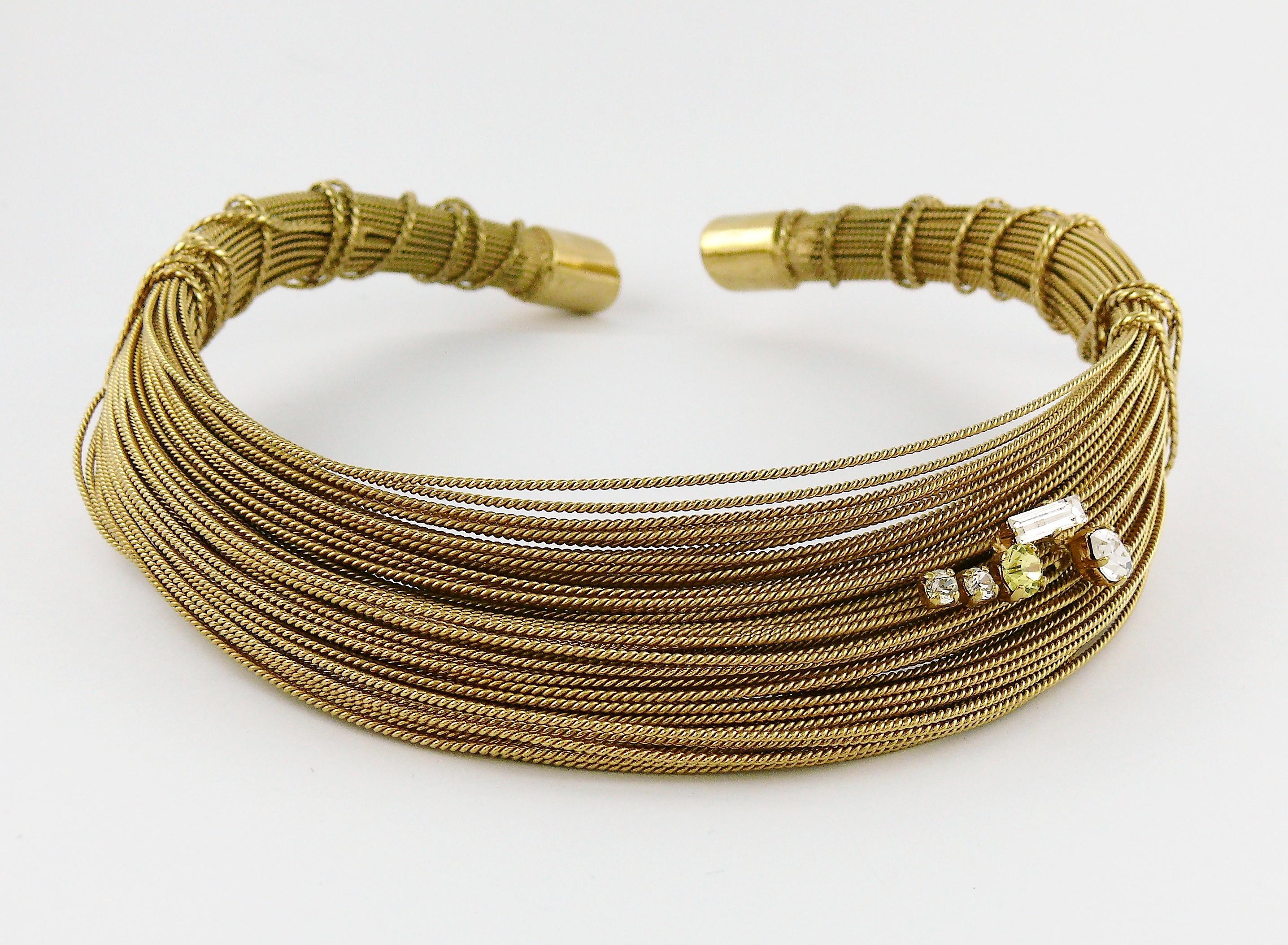 Christian Lacroix Vintage Gold Toned Bundled Textured Wires Crystal Rigid Choker For Sale 2