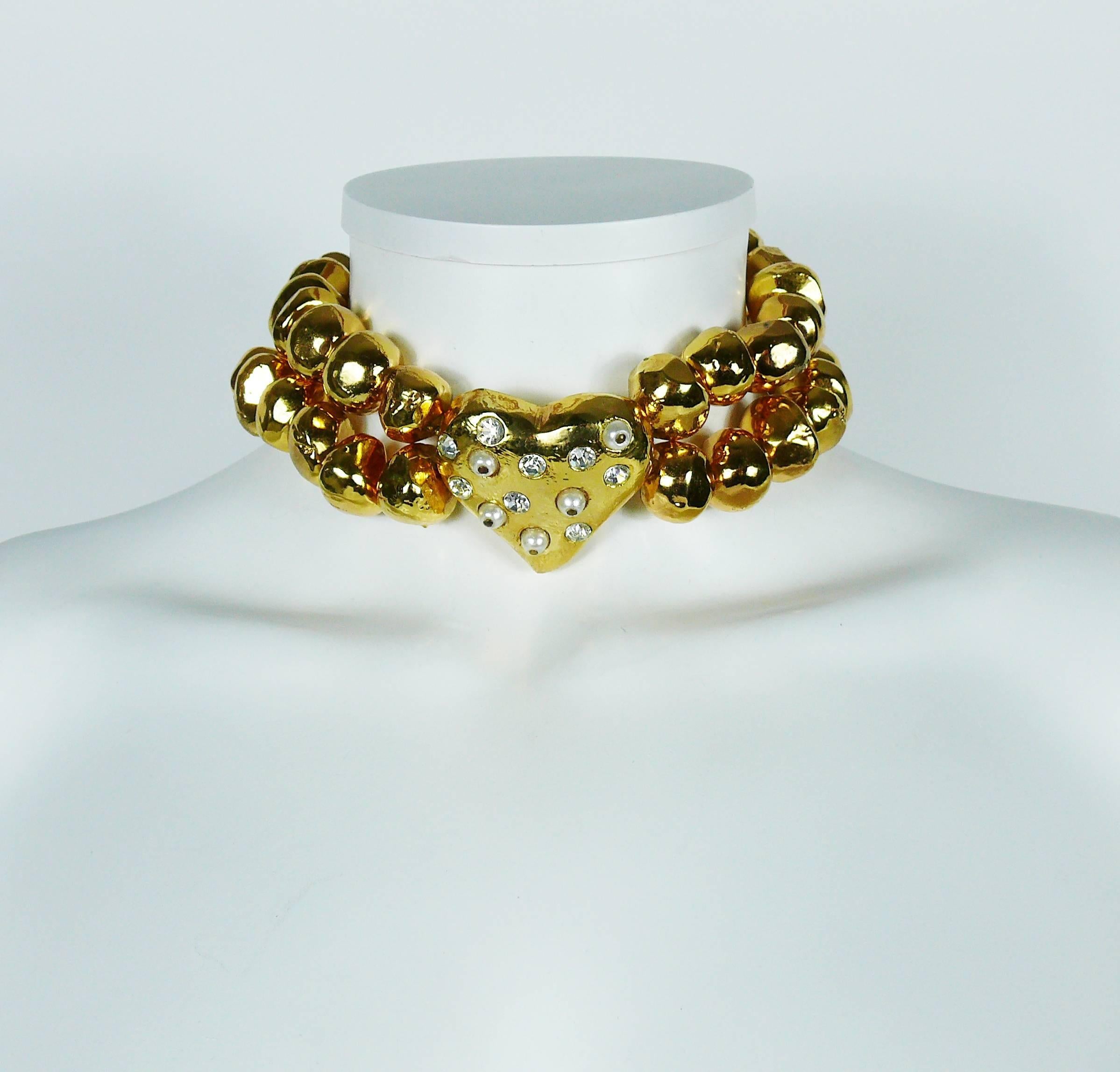 CHRISTIAN LACROIX vintage choker featuring large irregular resin nugget like beads and a heart at center embellished with faux pearls and clear crystals.

Embossed CL.
CHRISTIAN LACROIX oval metal tag was probably lost (a mark is still visible on