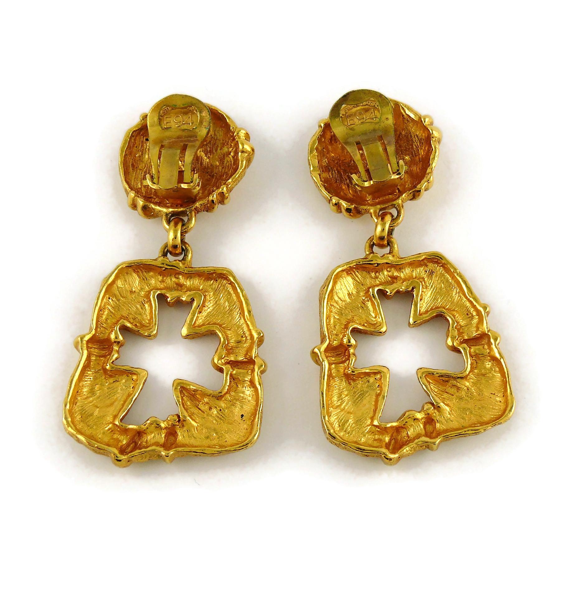Christian Lacroix Vintage Gold Toned Cut Out Cross Dangling Earrings 3