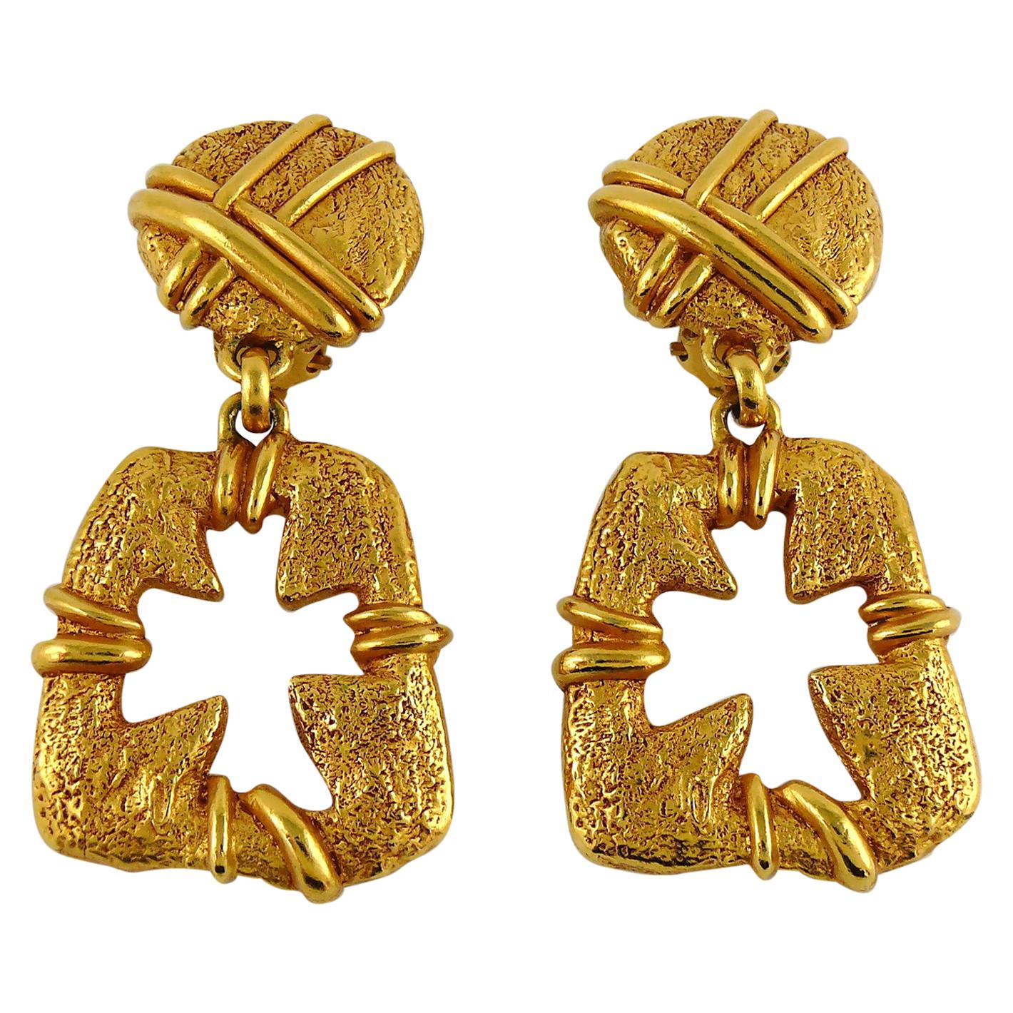 Christian Lacroix Vintage Gold Toned Cut Out Cross Dangling Earrings
