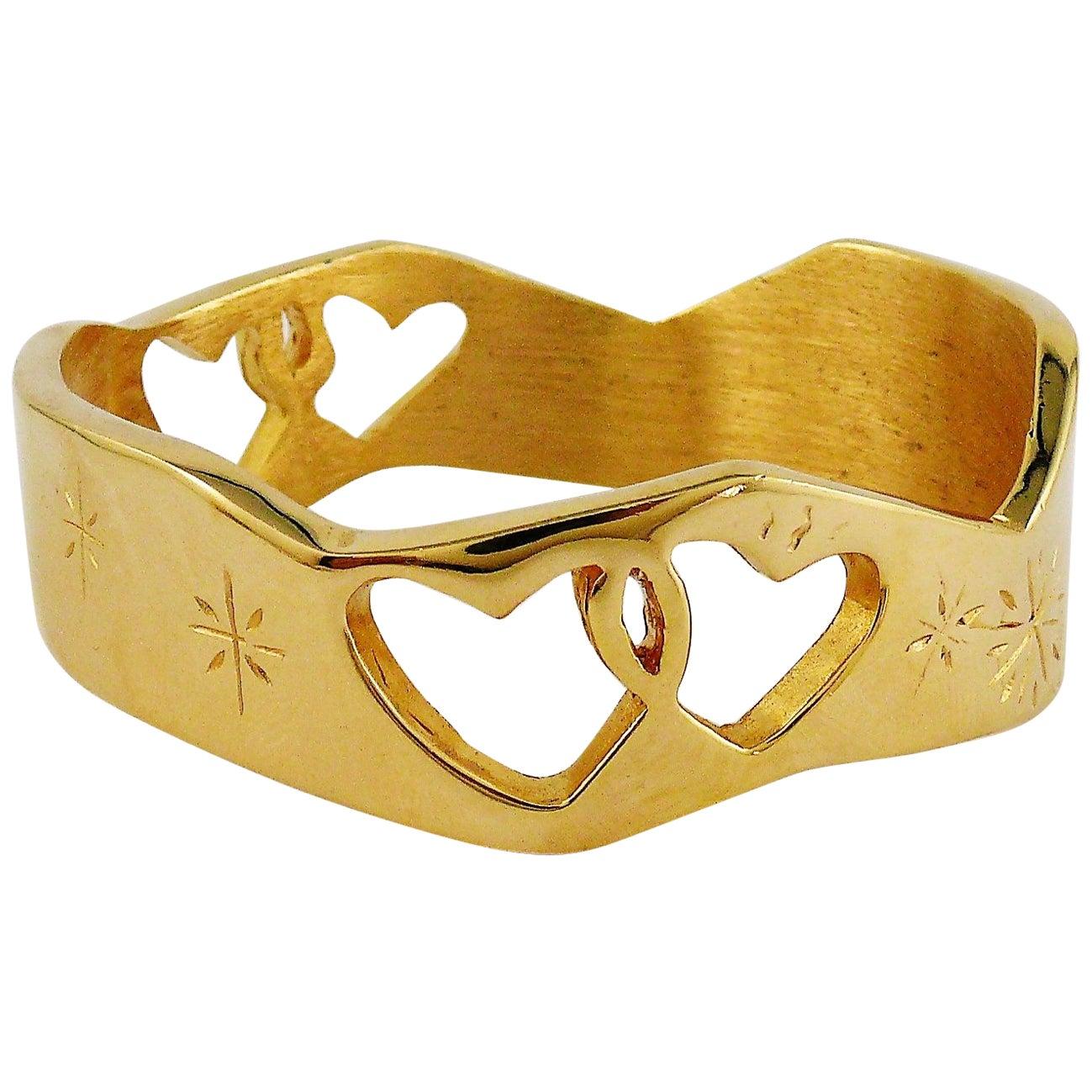 Christian Lacroix Vintage Gold Toned Cut Out Heart Cuff Bracelet For Sale