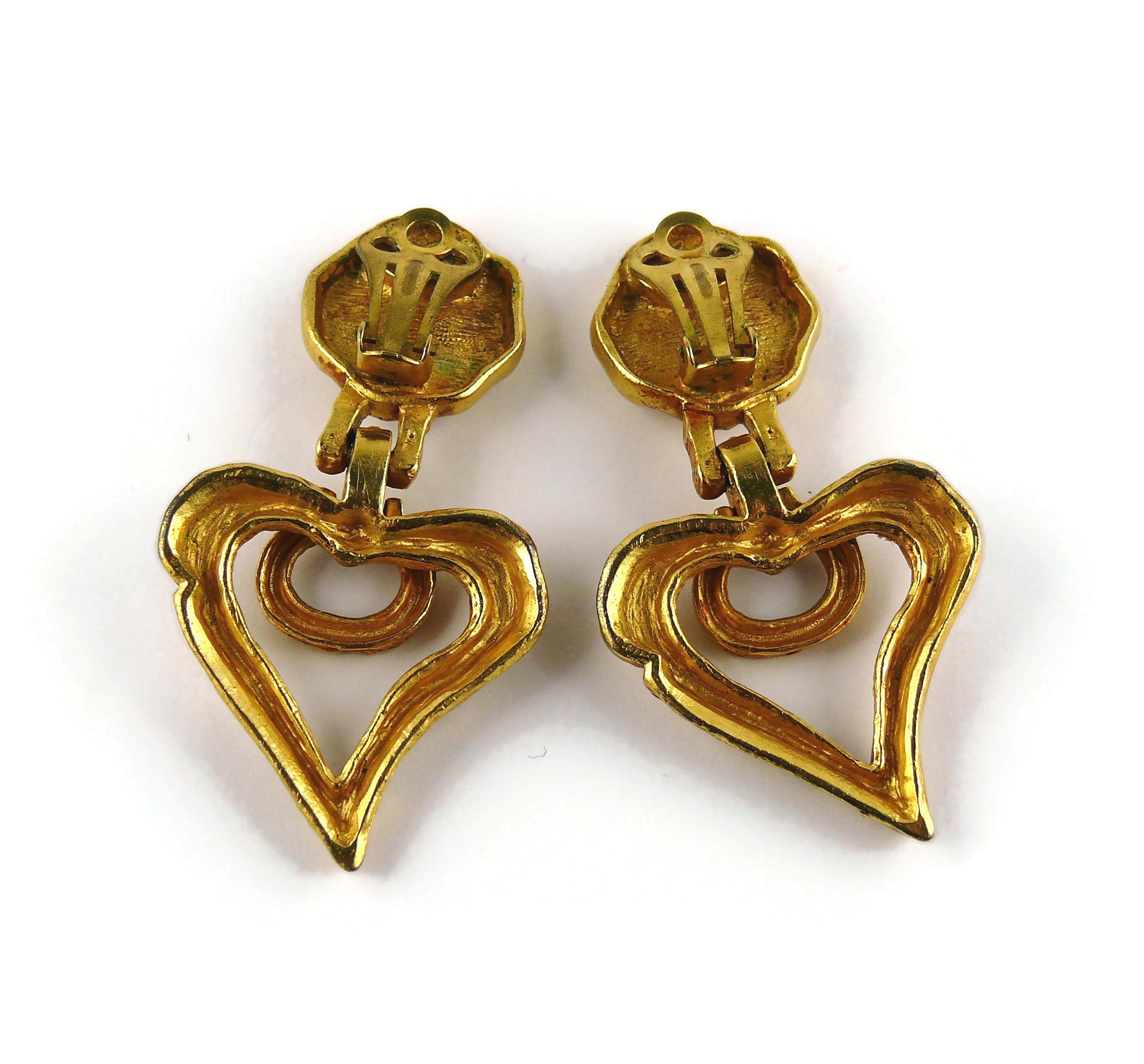 Christian Lacroix Vintage Gold Toned Door Knocker Heart Dangling Earrings 3