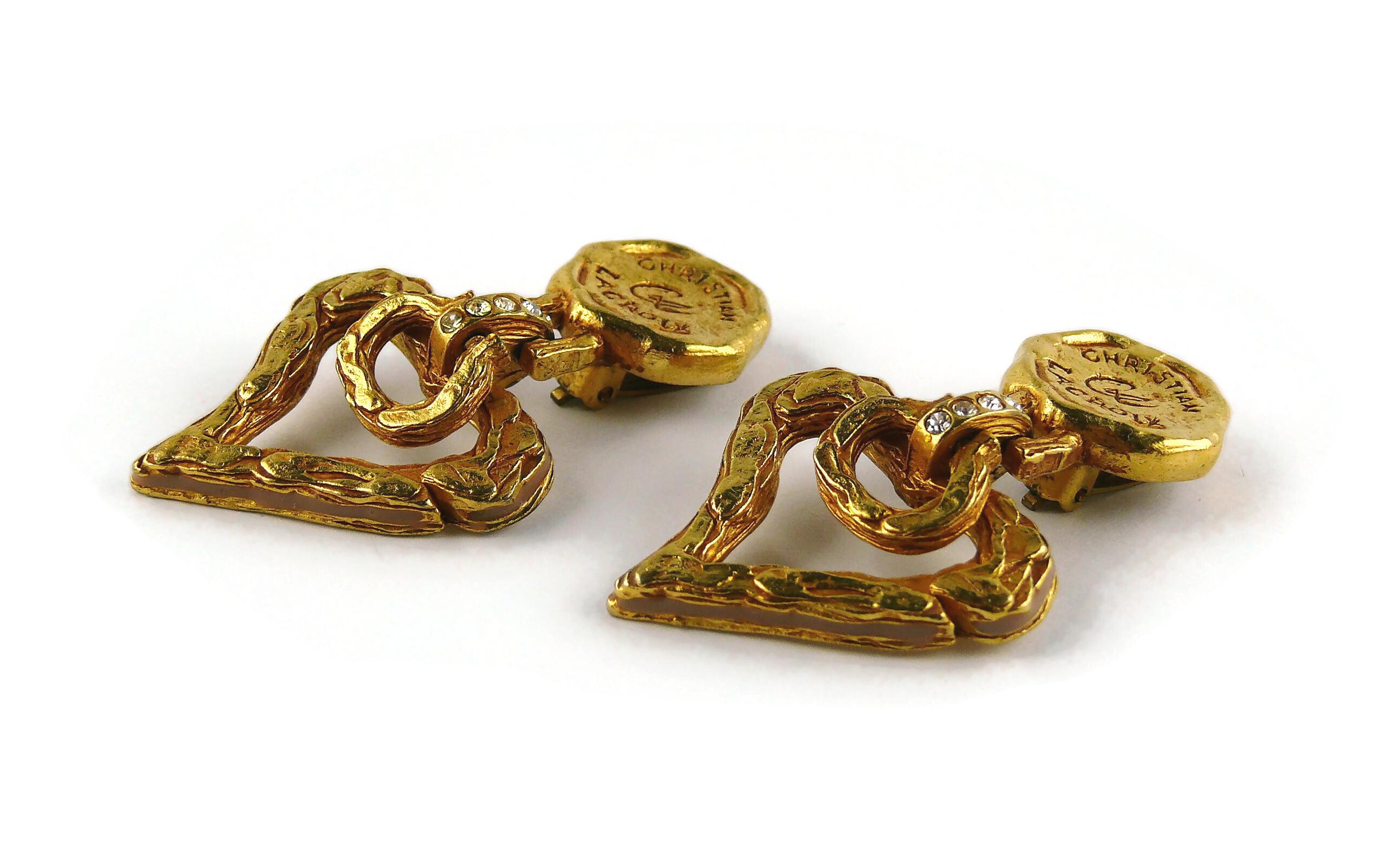 Christian Lacroix Vintage Gold Toned Door Knocker Heart Dangling Earrings 2