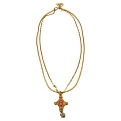 Christian Lacroix Vintage Gold Toned Enamel Cross Pendant Necklace