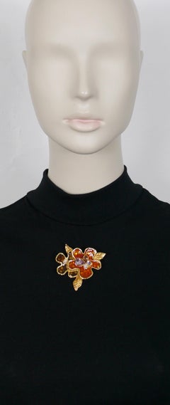 Christian Lacroix Vintage Gold Toned Enamel Flowers Brooch
