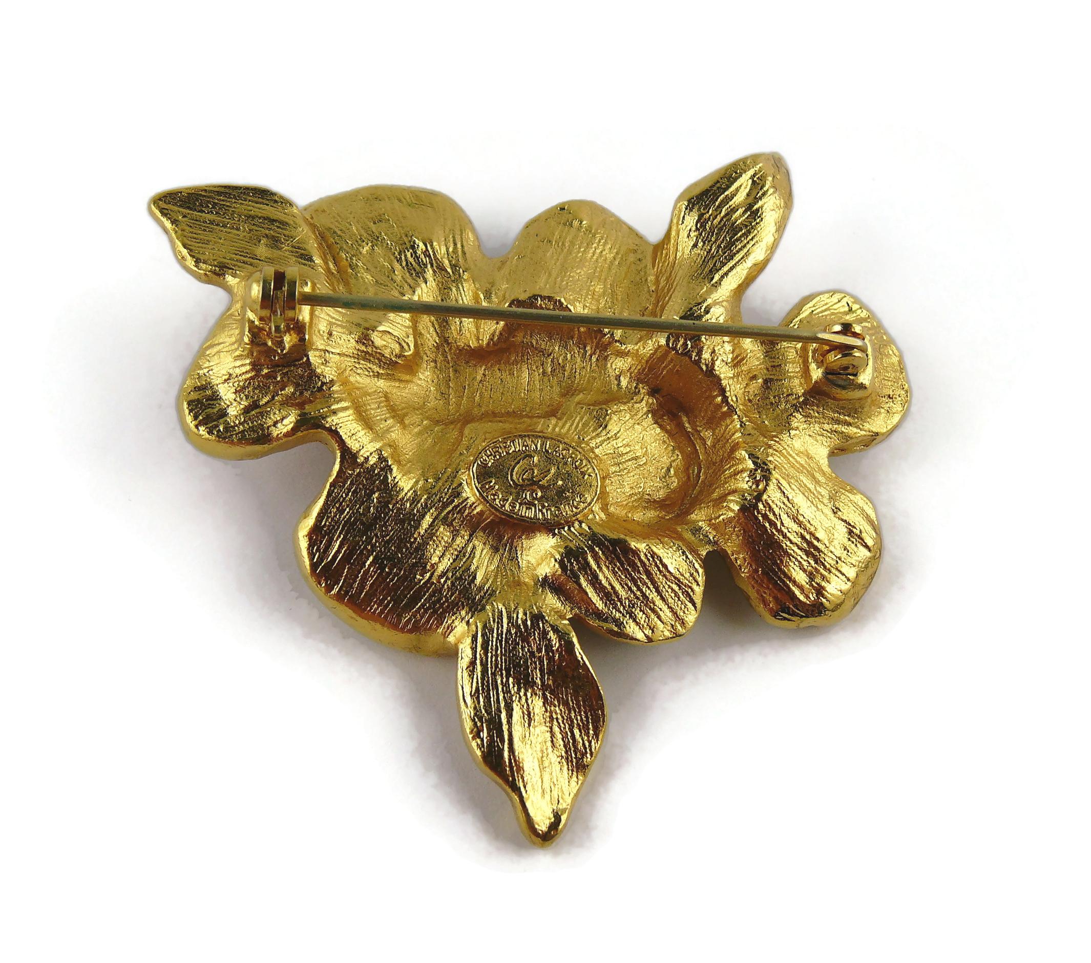 Christian Lacroix Vintage Gold Toned Enamel Flowers Brooch For Sale 3