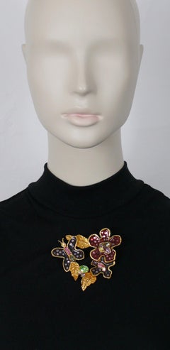 Christian Lacroix Vintage Gold Toned Enamel Flowers Butterfly Brooch