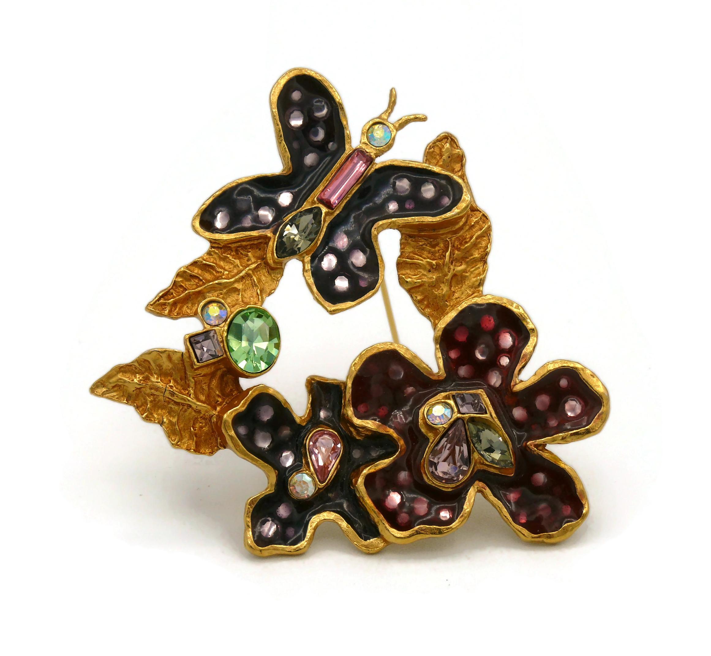 Christian Lacroix Vintage Gold Toned Enamel Flowers Butterfly Brooch In Excellent Condition For Sale In Nice, FR