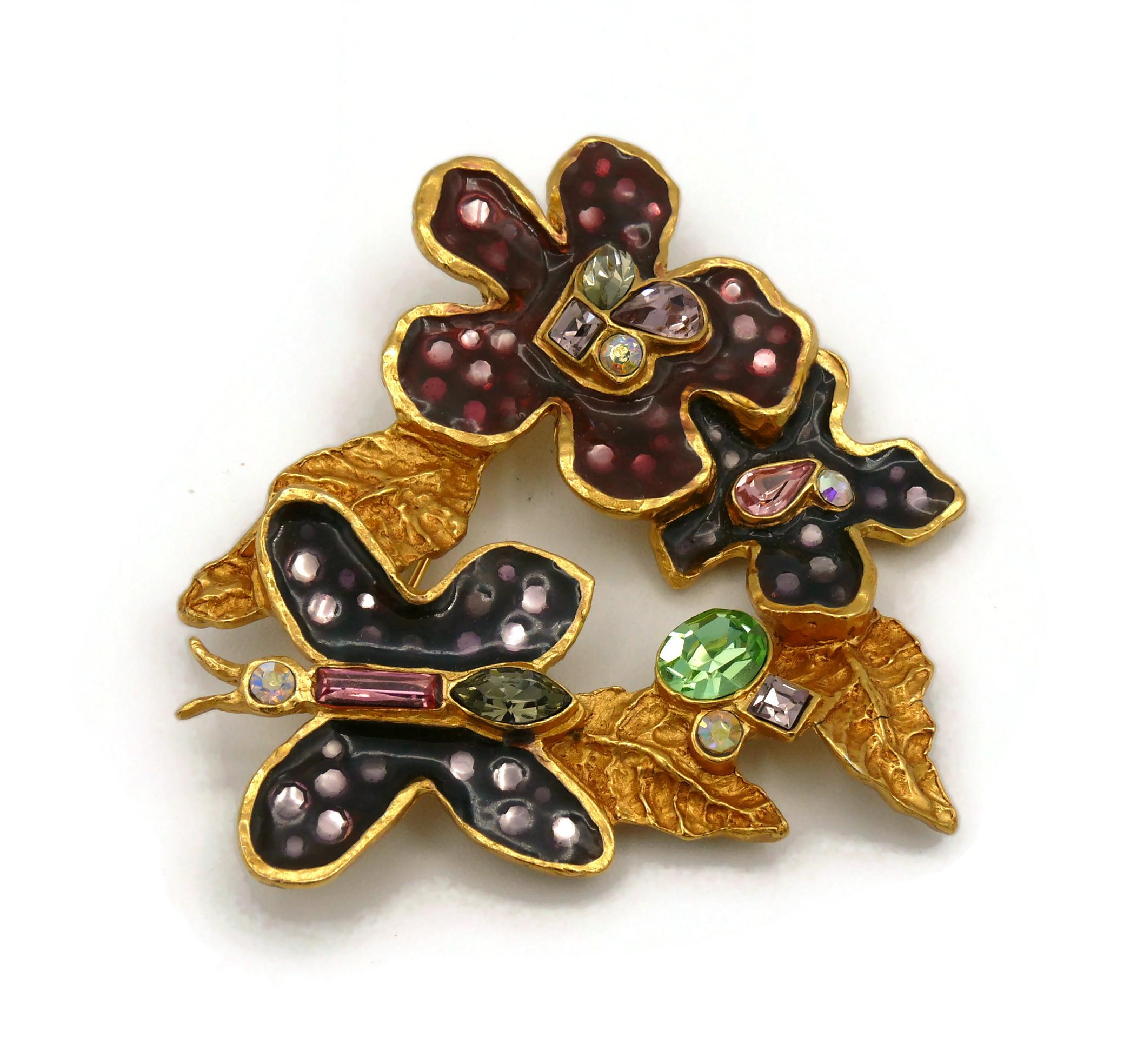 Women's Christian Lacroix Vintage Gold Toned Enamel Flowers Butterfly Brooch For Sale