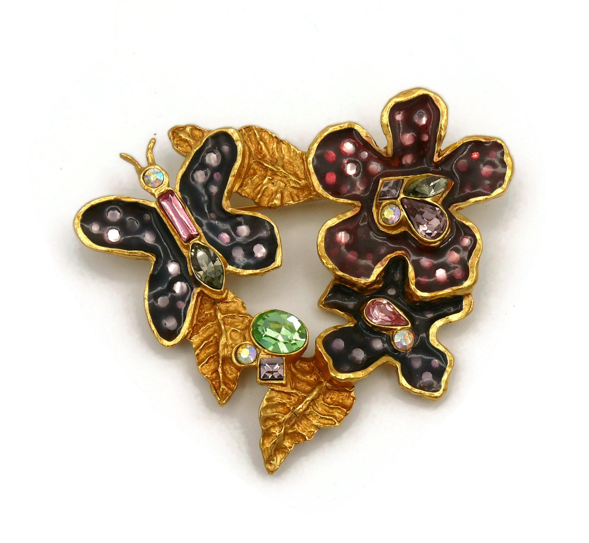 Christian Lacroix Vintage Gold Toned Enamel Flowers Butterfly Brooch For Sale 1
