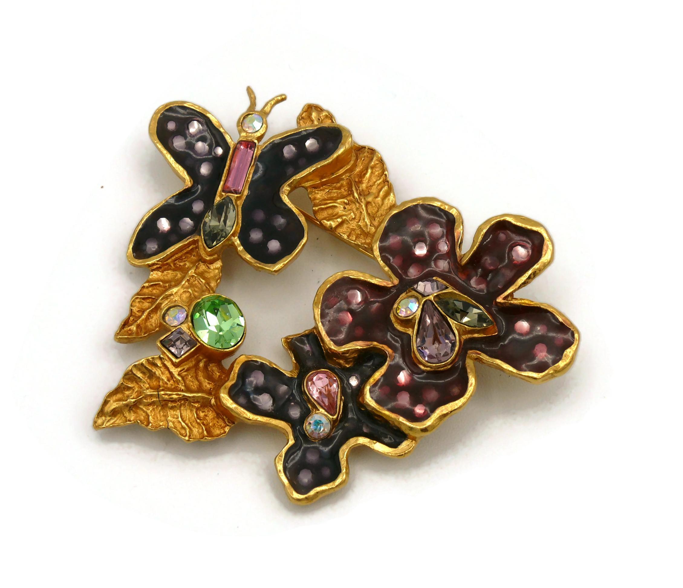 Christian Lacroix Vintage Gold Toned Enamel Flowers Butterfly Brooch For Sale 2