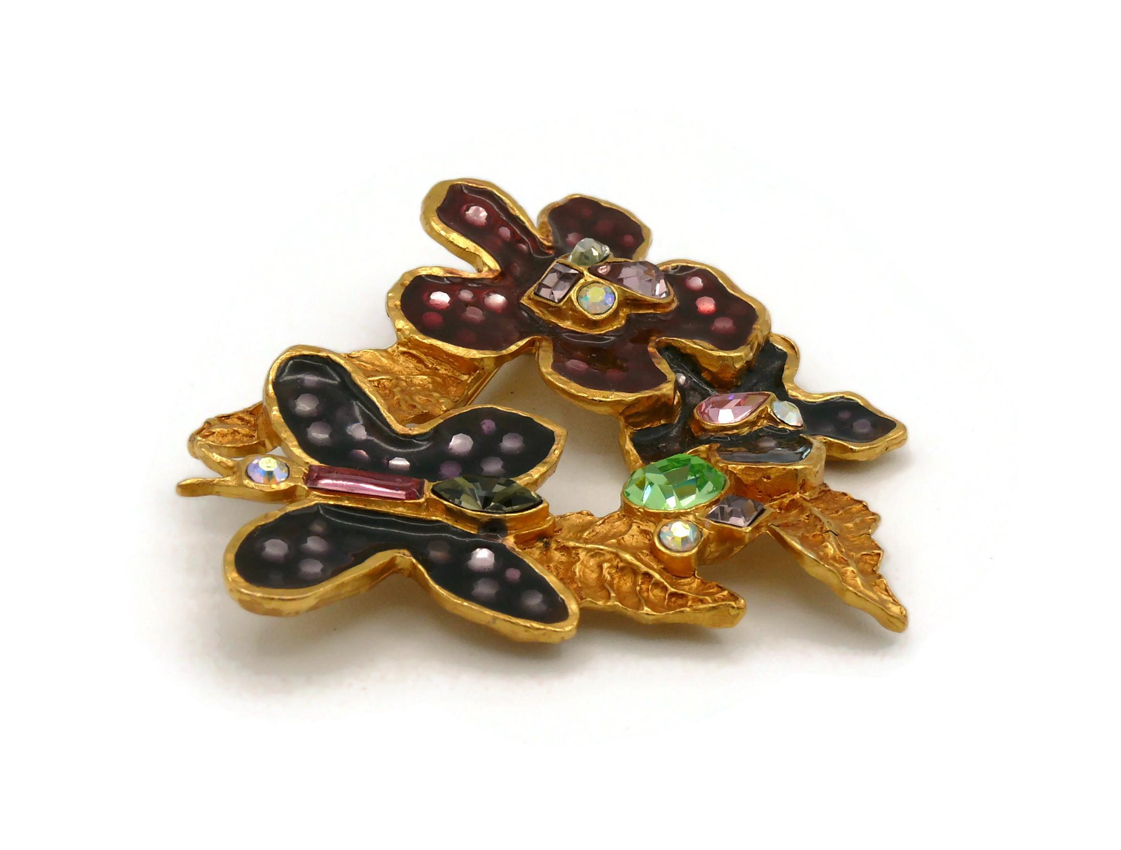 Christian Lacroix Vintage Gold Toned Enamel Flowers Butterfly Brooch For Sale 3
