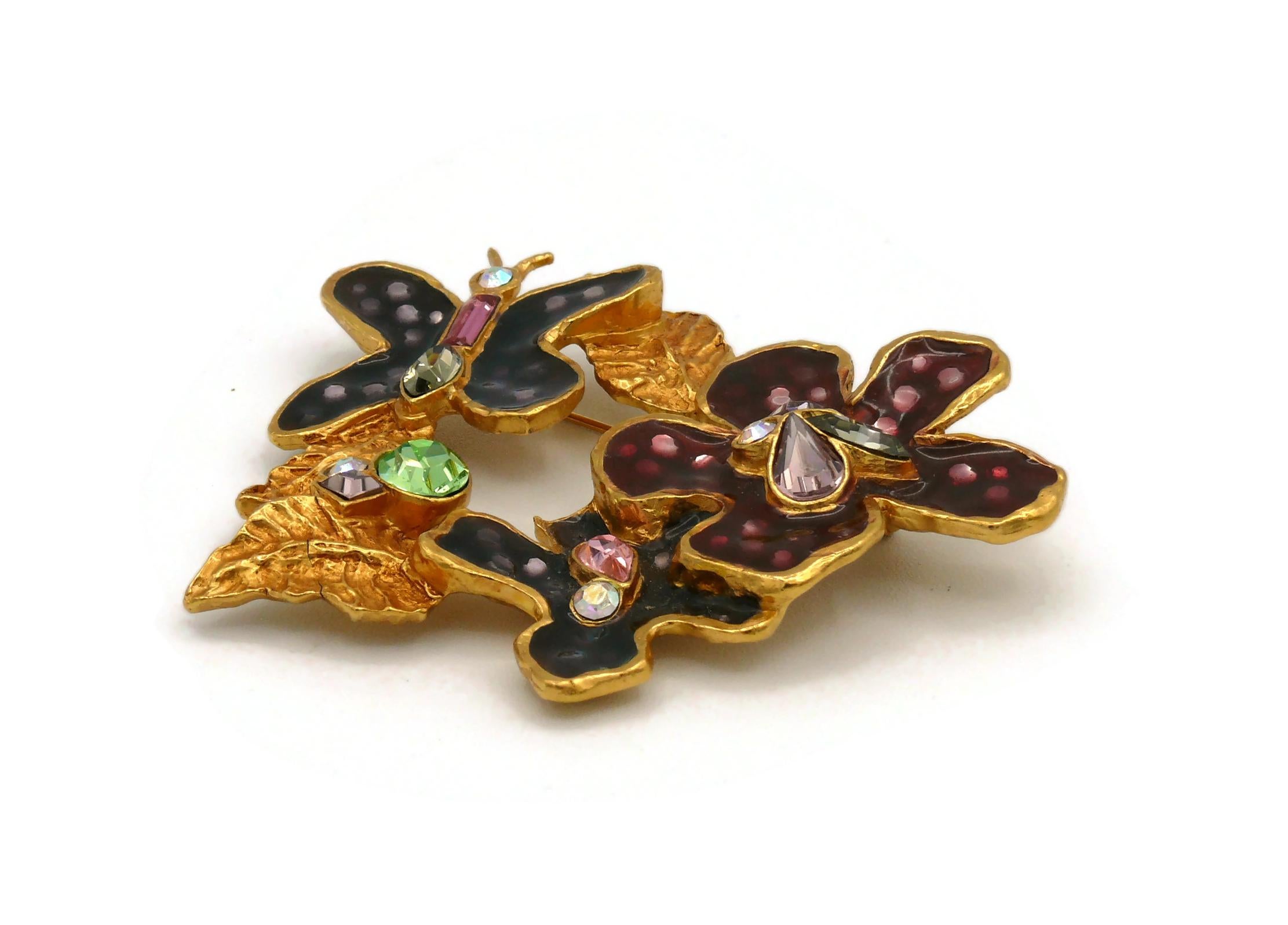 Christian Lacroix Vintage Gold Toned Enamel Flowers Butterfly Brooch For Sale 4