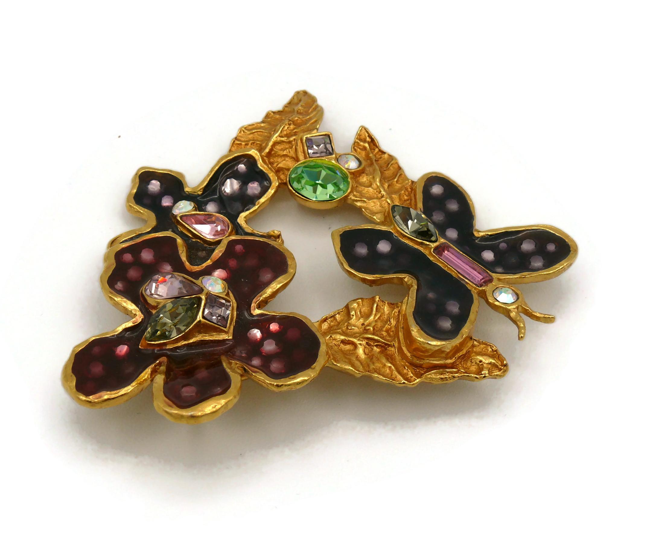 Christian Lacroix Vintage Gold Toned Enamel Flowers Butterfly Brooch For Sale 5