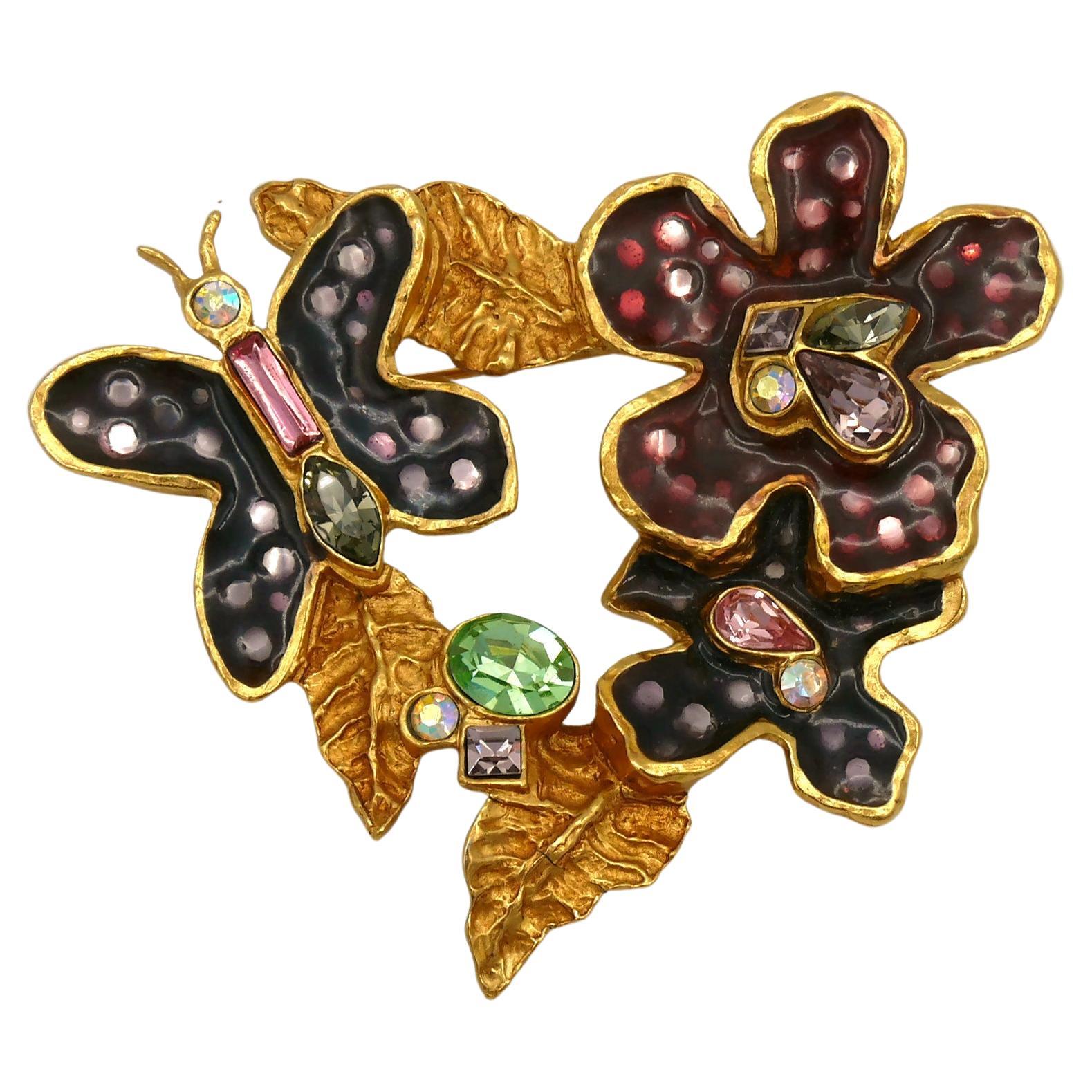 Christian Lacroix Vintage Gold Toned Enamel Flowers Butterfly Brooch For Sale