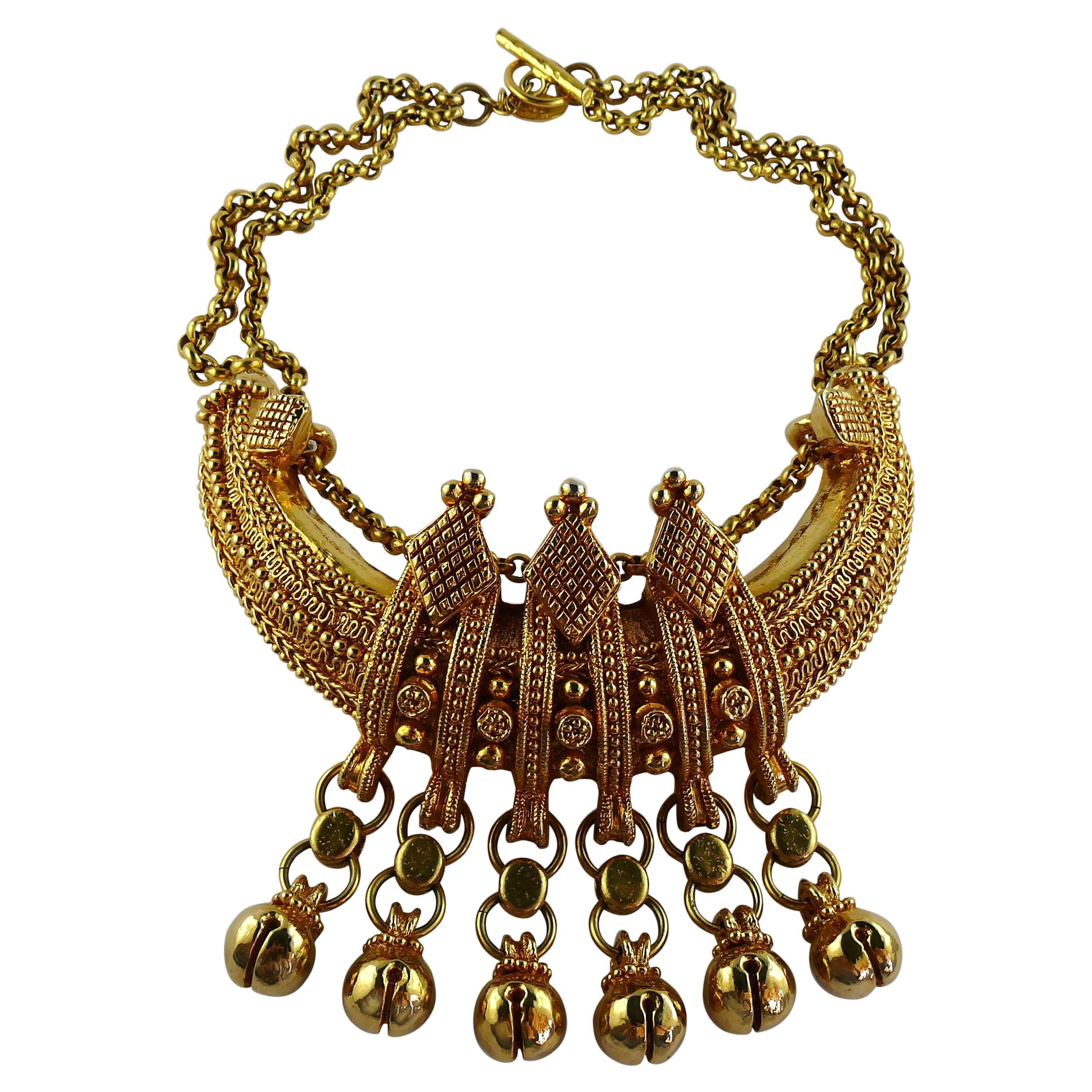 Christian Lacroix Vintage Gold Toned Etruscan Revival Plastron Necklace 